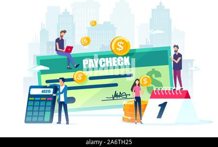 Salary and payroll concept. Vector of employees, calendar with payday and a paycheck Stock Vector