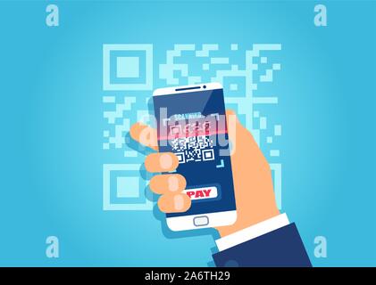 Vector of a businessman hand holding smart phone and scanning QR code Stock Vector
