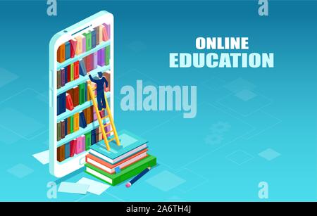 Vector of an online digital library and a student picking his book from a digital library shelve. E-books and online education concept. Stock Vector