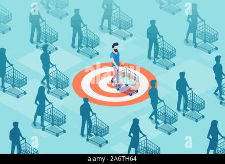 Target sales and marketing accuracy concept. Vector of a targeted customer with a shopping cart Stock Vector