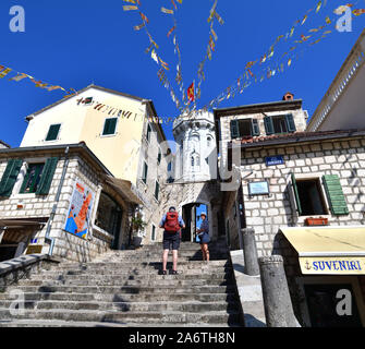 Herceg Novi, Montenegro - June 10. 2019. The area of the old city. View of the clock tower of Sat Kula. Stock Photo