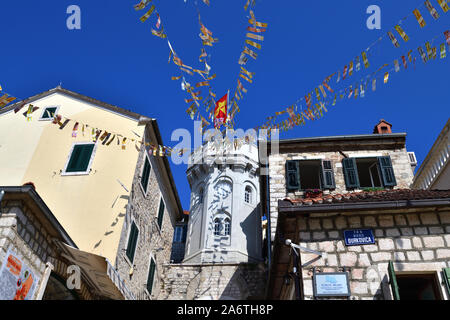 Herceg Novi, Montenegro - June 10. 2019. The area of the old city. View of the clock tower of Sat Kula. Stock Photo