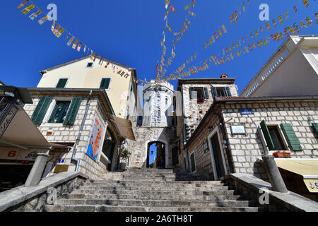 Herceg Novi, Montenegro - June 10. 2019. The area of the old city. View of the clock tower of Sat Kula. Stock Photo