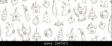 Vector seamless pattern with hand drawn Christmas decorations isolated on white background. Monochrome endless texture. Wrapping paper, positive new y Stock Vector