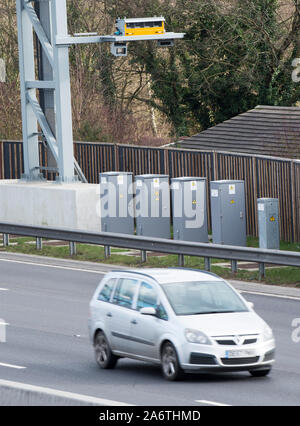 New sensitive speed cameras being introduced on Britain’s ‘Smart’ Motorways  while police campaign to lower the threshold for speeding motorists. Stock Photo