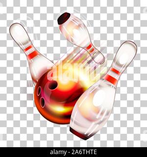 Bowling ball flying over pins. Eps 10 editable, gradients with transparency. Easy to pu over any background. Stock Vector