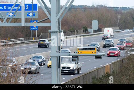 New sensitive speed cameras being introduced on Britain’s ‘Smart’ Motorways  while police campaign to lower the threshold for speeding motorists. Stock Photo