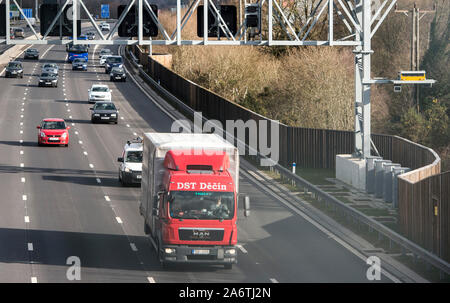 New sensitive speed cameras being introduced on Britain’s ‘Smart’ Motorways  while police campaign to lower the threshold for speeding motorists. Stock Photo