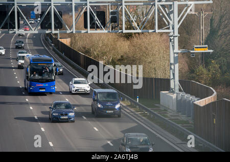 New sensitive speed cameras being introduced on Britain’s ‘Smart’ Motorways  while police campaign to lower the threshold for speeding motorists. Stock Photo