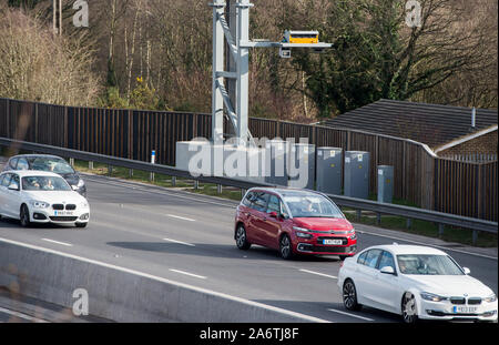 New sensitive speed cameras being introduced on Britain’s ‘Smart’ Motorways  while police campaign to lower the threshold for speeding motorists. Stock Photo