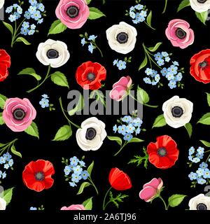 Vector seamless pattern with red, blue and white flowers on a black background. Stock Vector