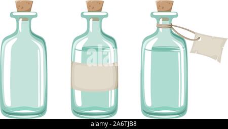 Set of three blue glass bottles isolated on a white background. Stock Vector