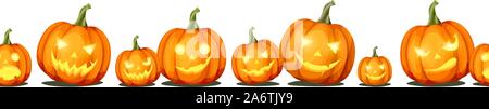 Vector horizontal seamless background with jack-o'-lanterns (Halloween pumpkins). Stock Vector