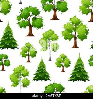 Vector seamless pattern with deciduous and coniferous green trees on a white background. Stock Vector
