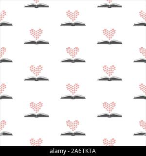 Seamless pattern with open romance genre book and heart above it. Flat Design. Vector Illustration Stock Vector