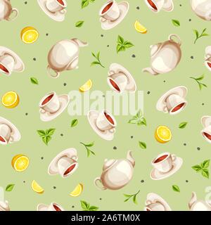 Vector seamless pattern with teapots, cups of tea, lemons and tea leaves on a green background. Stock Vector