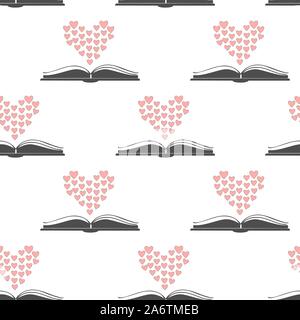 Seamless pattern with open romance genre book and heart above it. Flat Design. Vector Illustration Stock Vector