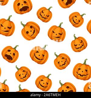 Vector seamless pattern with Jack-O-Lanterns (Halloween pumpkins) on a white background. Stock Vector