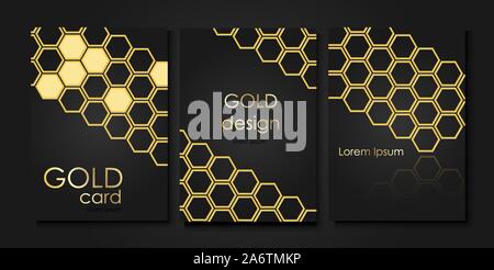 Invitation templates in gold style. Golden honeycombs on a black background. Stock Vector