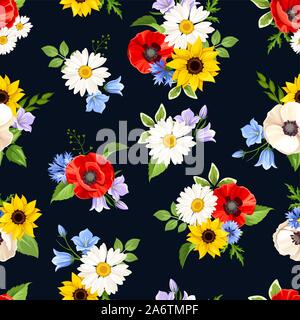 Vector seamless pattern with colorful flowers on a dark blue background. Stock Vector