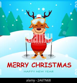 Merry Christmas greeting card with funny reindeer going to ski. Cute cartoon character. Vector illustration with winter forest on background Stock Vector