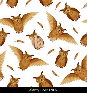 Vector seamless background with brown owls and owl feathers on a white background. Stock Vector