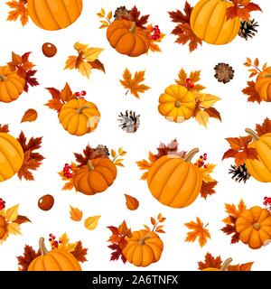 Vector seamless pattern with orange pumpkins, autumn leaves, pinecones and chesntuns on a white background. Stock Vector