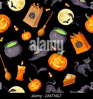 Vector Halloween seamless background with jack-o-lanterns, cats, bats, cauldrons, witches hats, candles, brooms and candies on black. Stock Vector