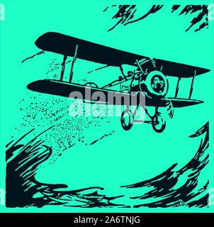 Historical biplane aircraft flying over a wild sea with high waves on a blue-green background. Editable in layers Stock Vector