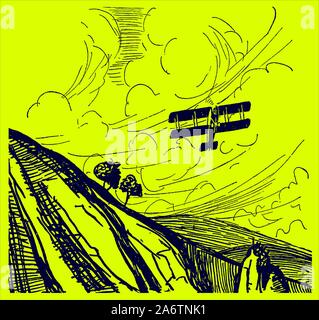 Historical biplane flying over a mountaineous landscape with trees on a yellow-green background. Editable in layers Stock Vector