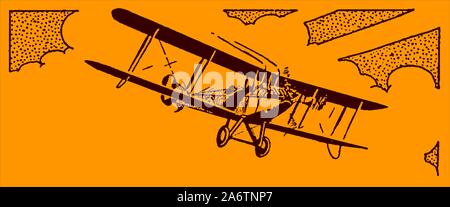 Historical single-engine biplane aircraft flying in front of a cloudy sky on an orange background. Editable in layers Stock Vector
