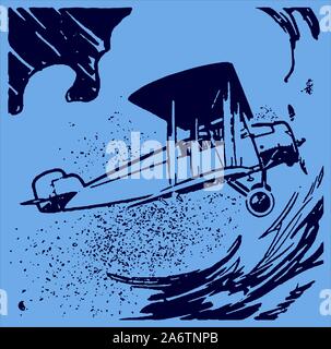 Historical biplane aircraft flying in front of a rainy and thundery sky on a blue-grey background. Editable in layers Stock Vector