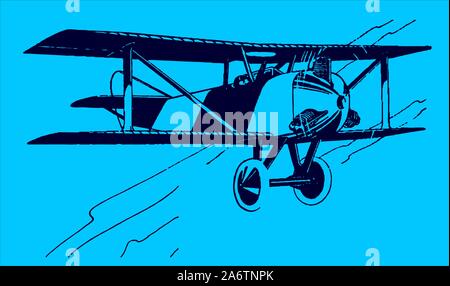 Flying historical two-seater passenger biplane aircraft on a blue background. Editable in layers Stock Vector