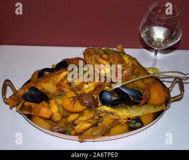 Dish of bouillabaisse in Le Miramar restaurant, Old Port, Marseille, France Stock Photo