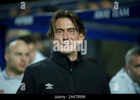 London, UK. 28th Oct, 2019. Thomas Frank, the Manager of Brentford FC looks on during EFL Skybet Championship match, Queens Park Rangers v Brentford at The Kiyan Prince Foundation Stadium, Loftus Road in London on Monday 28th October 2019. this image may only be used for Editorial purposes. Editorial use only, license required for commercial use. No use in betting, games or a single club/league/player publications. pic by Tom Smeeth/Andrew Orchard sports photography/Alamy Live news Credit: Andrew Orchard sports photography/Alamy Live News Stock Photo