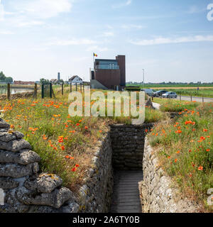 World War I trenches known as Dodengang (Trench of Death) surrounded by poppies. Located near Diskmuide, Flanders, Belgium Stock Photo