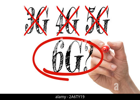Hand crossing out 3G and 4G and 5G replacing it with 6G Stock Photo