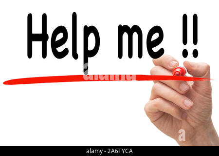 Male hand underlining the words help me with red pen Stock Photo