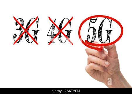 Hand crossing out 3G and 4G, replacing it with 5G Stock Photo
