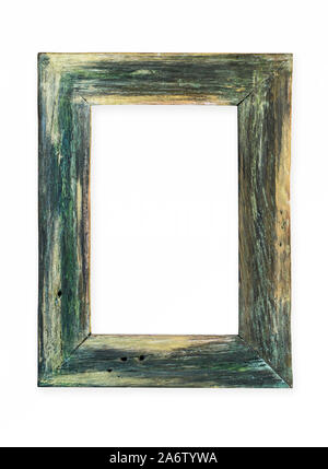 Rustic green hand-made wooden frame. Isolated on white. Clipping path included. Stock Photo
