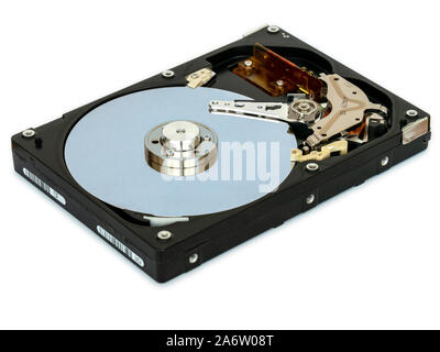 Inside a dismantled 3.5 inch computer hard-disk data storage drive showing platter and read write head.