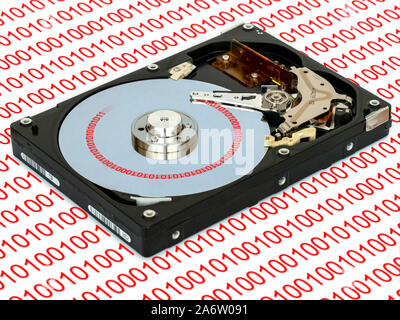 Inside a dismantled 3.5 inch computer hard-disk data storage drive showing platter and read write head.
