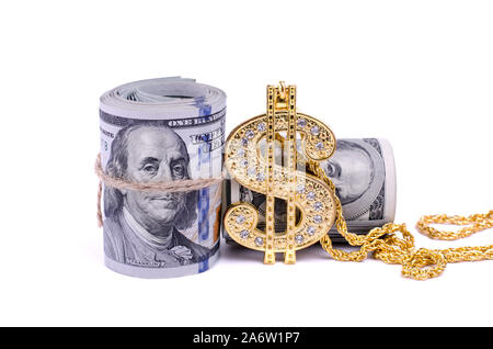 Gold Dollar Sign Necklace on a United States Dollars Banknotes. Financial business background. Stock Photo