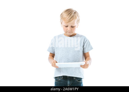 cute boy using digital tablet isolated on white Stock Photo