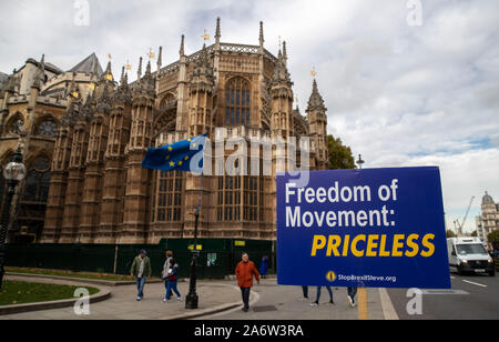 London, UK. 28th Oct, 2019. Photo taken on Oct. 28, 2019 shows an anti-Brexit placard outside the Houses of Parliament in London, Britain. The British House of Commons on Monday voted against a government motion calling for an early general election on Dec. 12. Credit: Han Yan/Xinhua/Alamy Live News Stock Photo