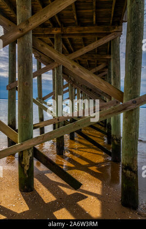 Keansburg NJ Pier View to the 2000 foot fishing pier overlooking the Raritan Bay, in the borough of Keansburg in Monmouth County, New Jersey.   Touris Stock Photo