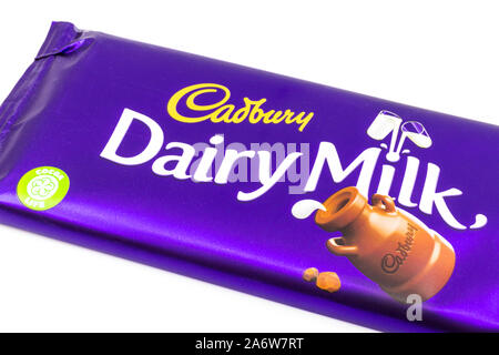 Cadbury dairy milk chocolate bar isolated on white Stock Photo