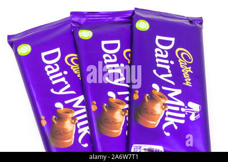 Cadbury dairy milk chocolate bars isolated on white Stock Photo