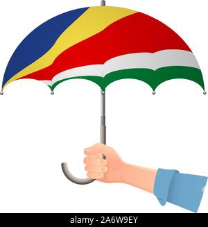 Seychelles flag umbrella. Weather symbols. National flag of Seychelles vector illustration Stock Vector