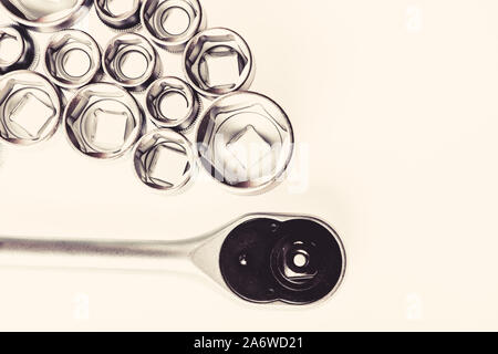 Best Better. socket wrench. perfect tool kit. Chrome Vanadium Steel. metallized fix equipment. socket wrench isolated on white background. copy space. Stock Photo